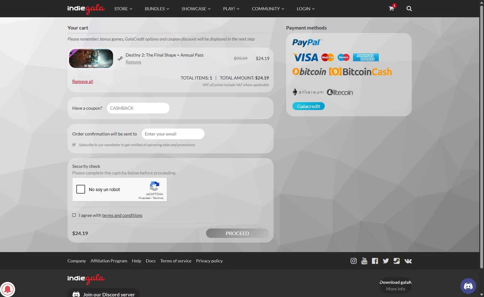 IndieGala checkout page showing IndieGala promo code box | Screenshot taken by SimplyCodes community member on May 11, 2025