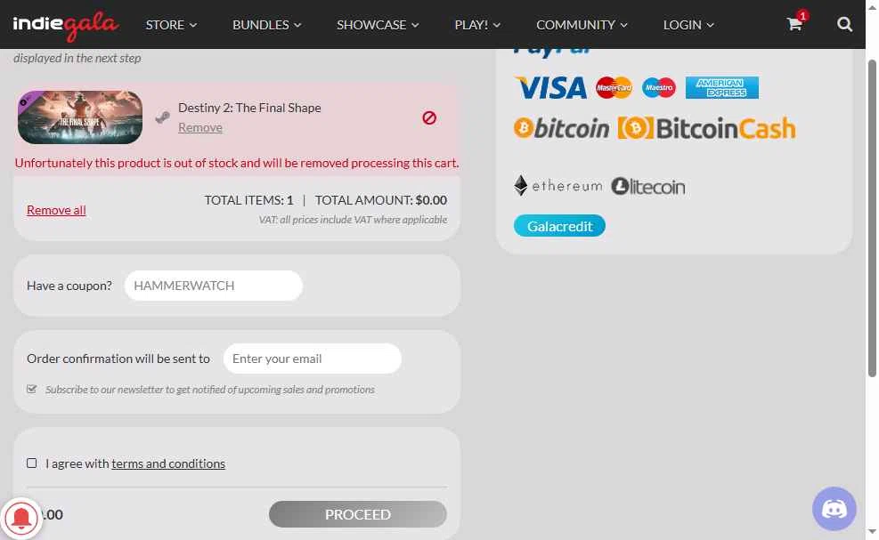 IndieGala checkout page showing IndieGala promo code box | Screenshot taken by SimplyCodes community member on May 19, 2025