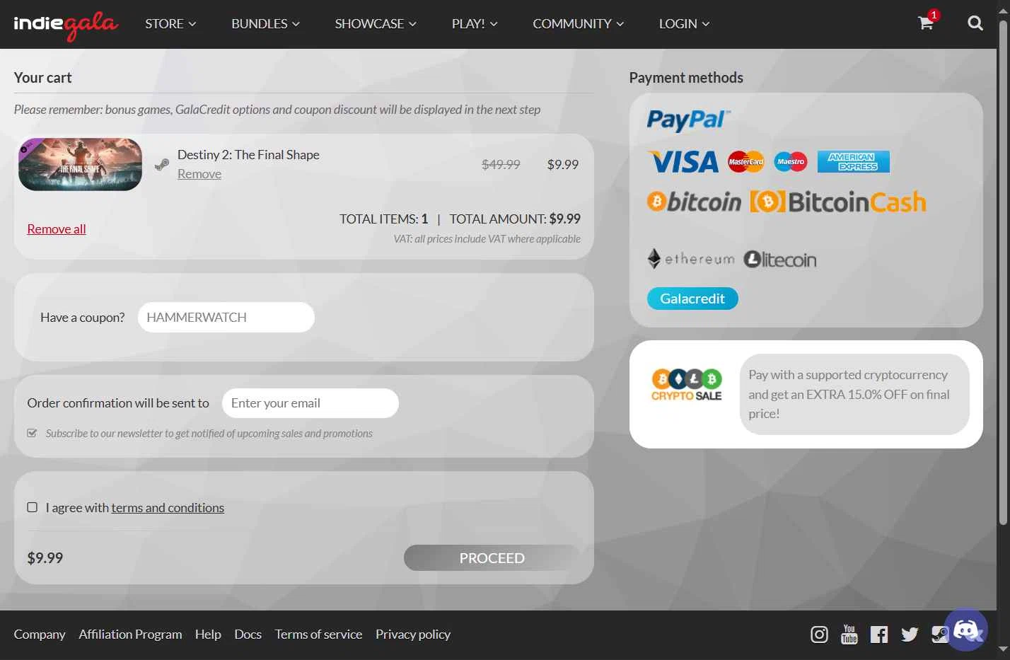 IndieGala checkout page showing IndieGala promo code box | Screenshot taken by SimplyCodes community member on Jul 23, 2025