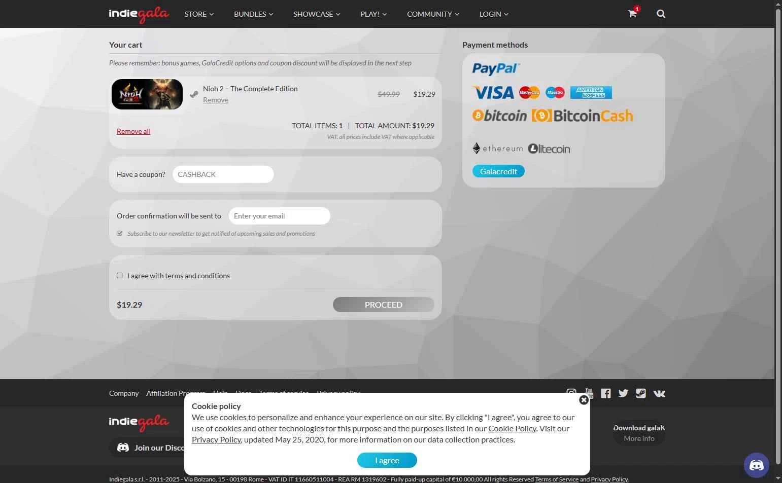 IndieGala checkout page showing IndieGala promo code box | Screenshot taken by SimplyCodes community member on Jun 15, 2025