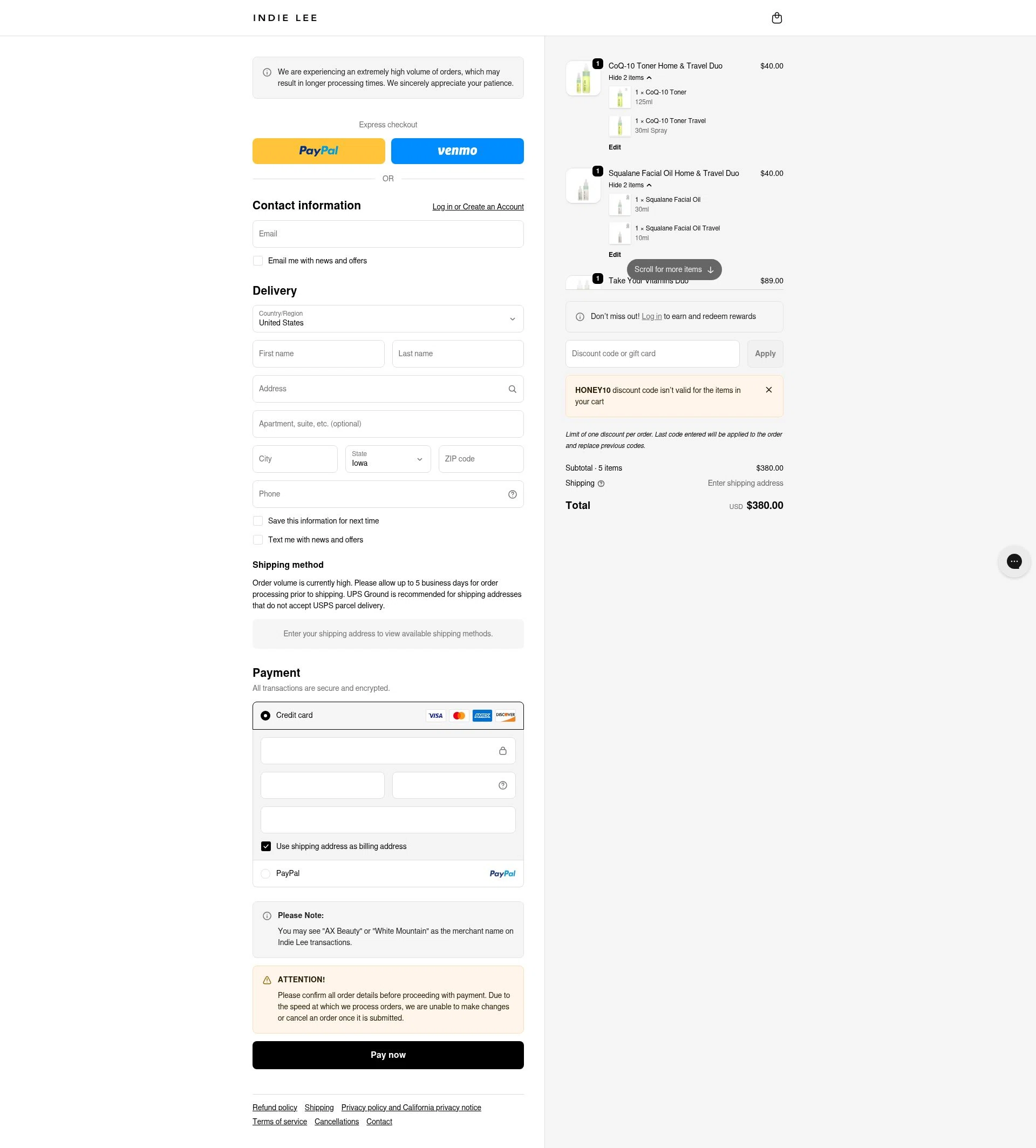 Indie Lee checkout page showing Indie Lee promo code box | Screenshot taken by SimplyCodes community member on Dec 24, 2025