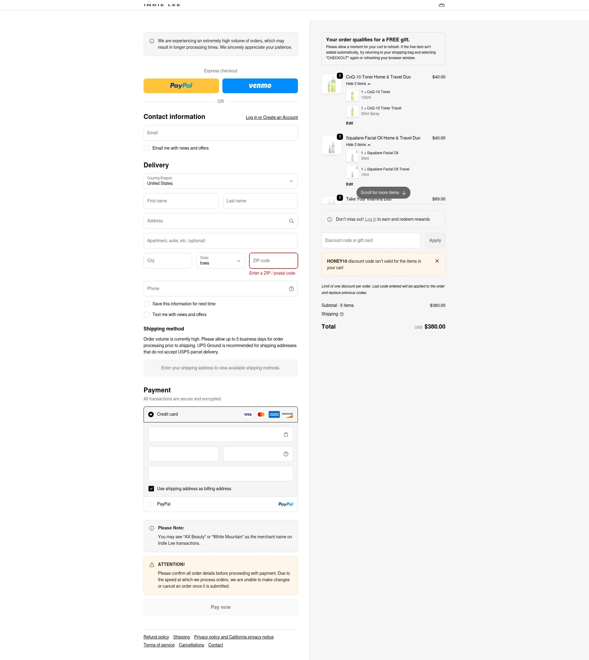 Indie Lee checkout page showing Indie Lee promo code box | Screenshot taken by SimplyCodes community member on Dec 28, 2025