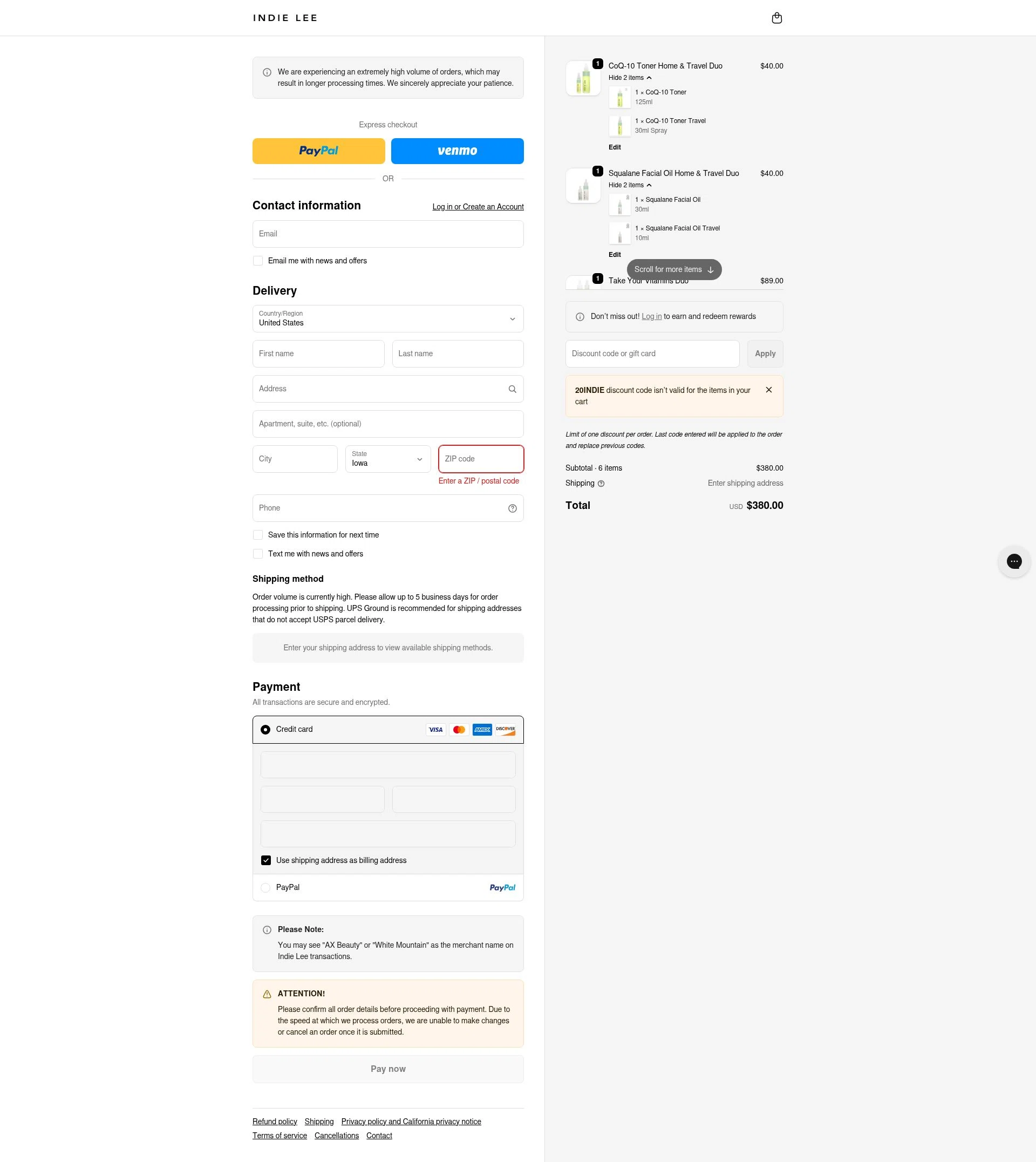 Indie Lee checkout page showing Indie Lee promo code box | Screenshot taken by SimplyCodes community member on Dec 28, 2025