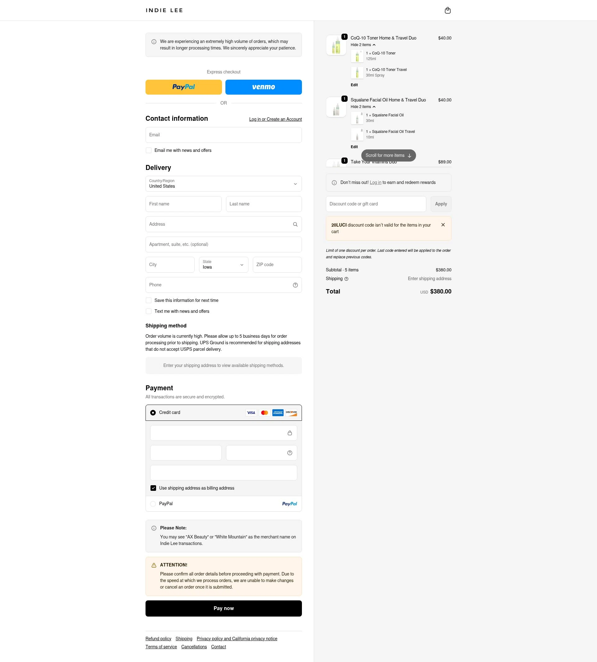 Indie Lee checkout page showing Indie Lee promo code box | Screenshot taken by SimplyCodes community member on Dec 24, 2025