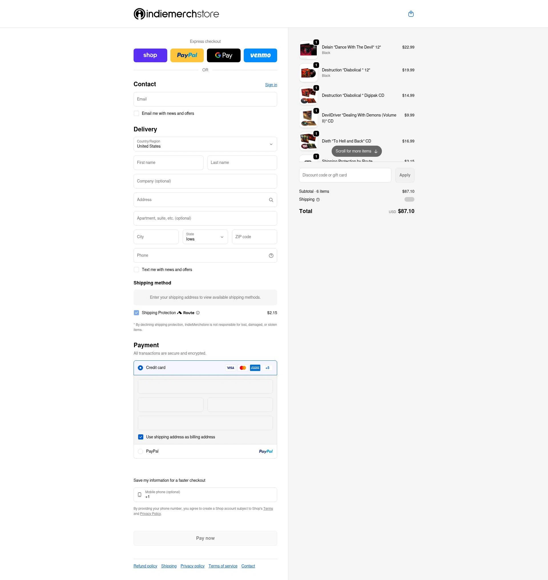 IndieMerchstore checkout page showing IndieMerchstore discount code box | Screenshot taken by SimplyCodes community member on Feb 6, 2026