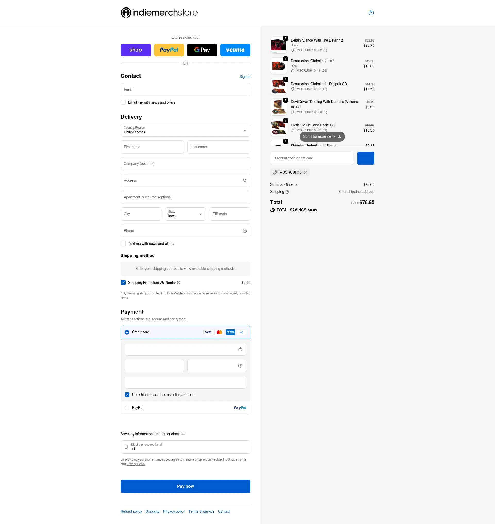 IndieMerchstore checkout page showing IndieMerchstore discount code box | Screenshot taken by SimplyCodes community member on Feb 6, 2026