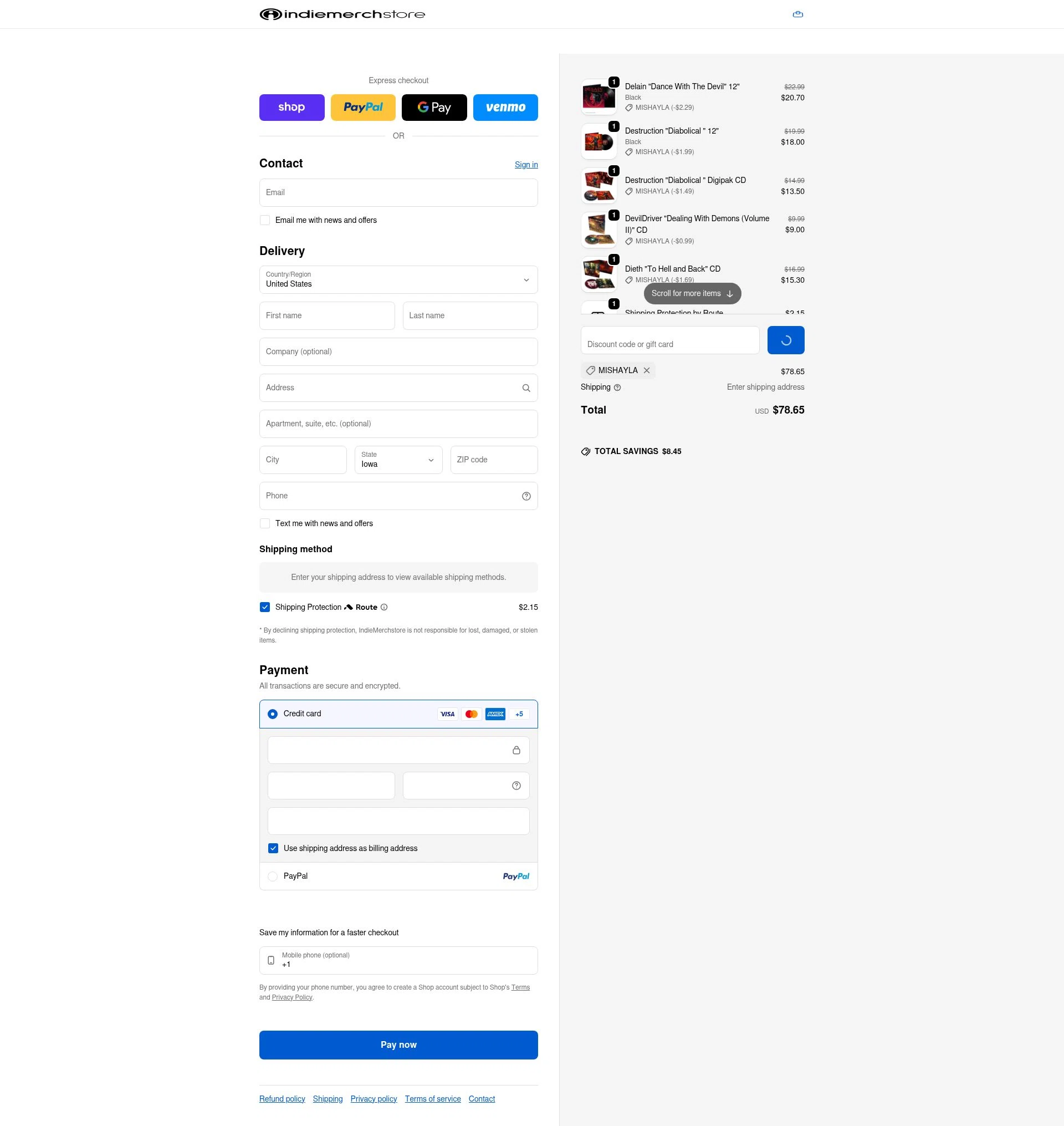IndieMerchstore checkout page showing IndieMerchstore discount code box | Screenshot taken by SimplyCodes community member on Feb 6, 2026