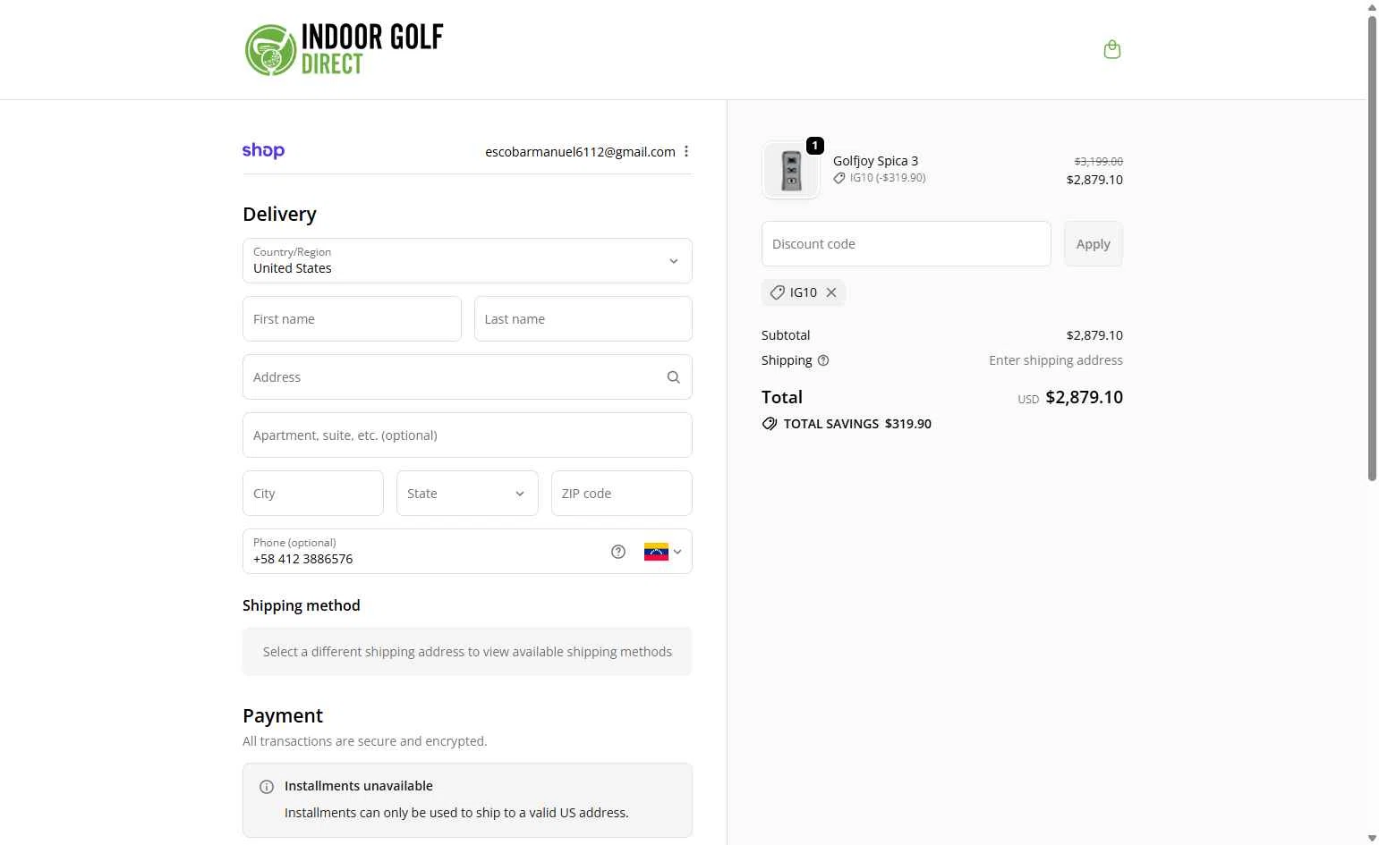 Indoor Golf Direct checkout page showing Indoor Golf Direct promo code box | Screenshot taken by SimplyCodes community member on Oct 23, 2025