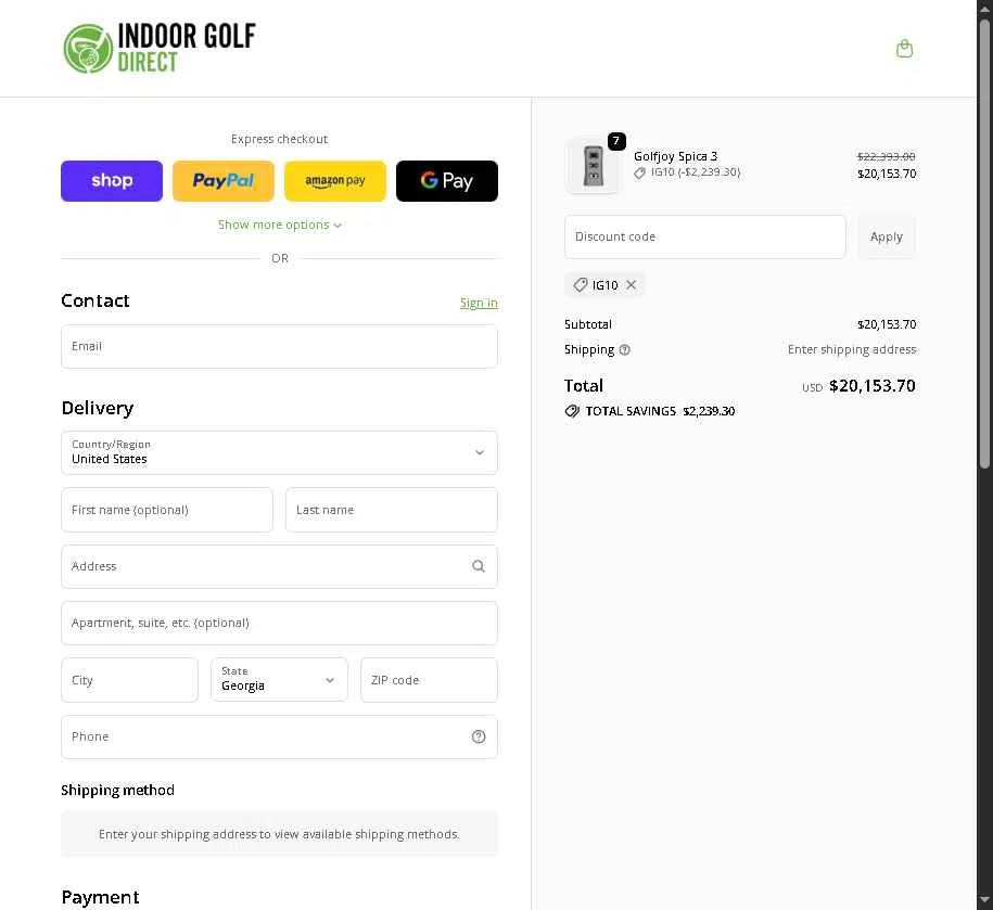 Indoor Golf Direct checkout page showing Indoor Golf Direct promo code box | Screenshot taken by SimplyCodes community member on Oct 23, 2025