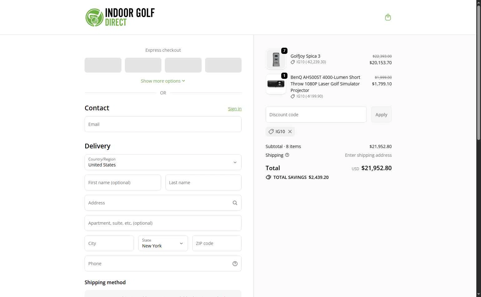 Indoor Golf Direct checkout page showing Indoor Golf Direct promo code box | Screenshot taken by SimplyCodes community member on Oct 23, 2025