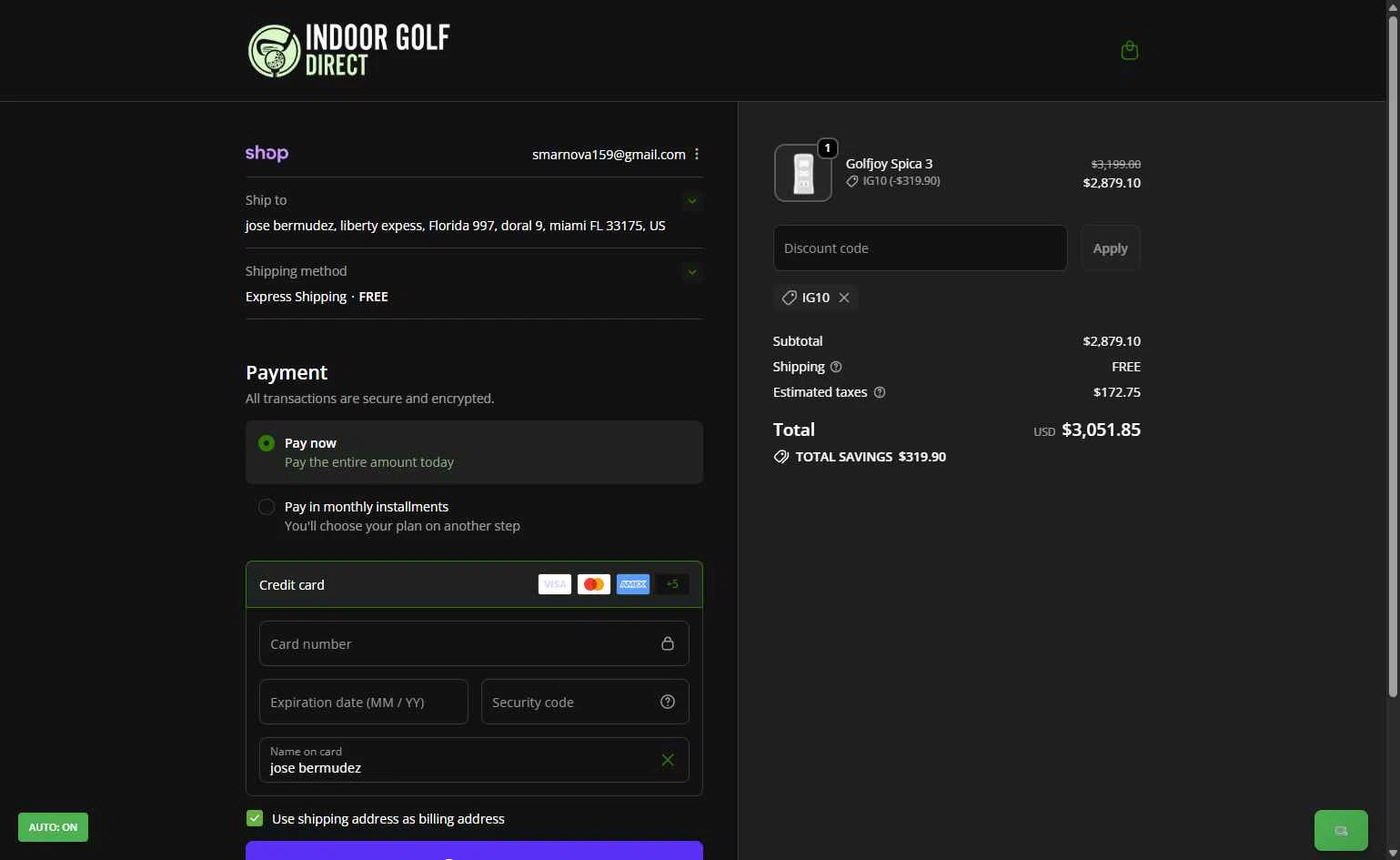 Indoor Golf Direct checkout page showing Indoor Golf Direct promo code box | Screenshot taken by SimplyCodes community member on Nov 20, 2025