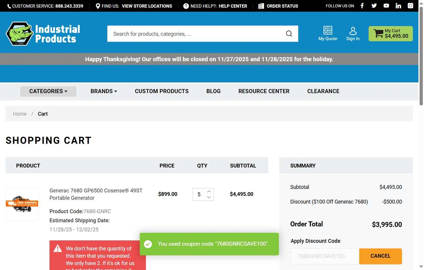 Industrial Products checkout page showing Industrial Products discount code box | Screenshot taken by SimplyCodes community member on Nov 27, 2025