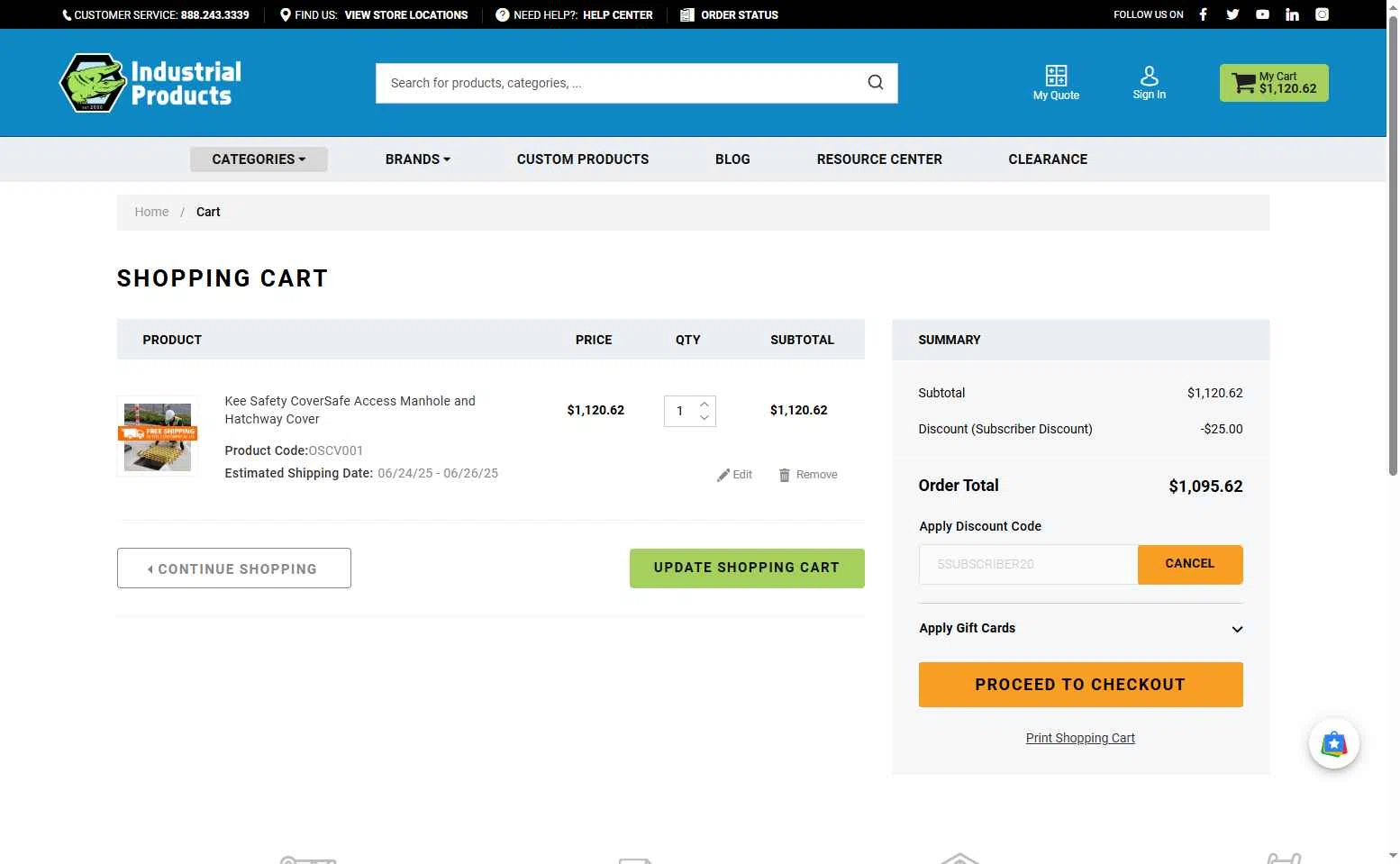 Industrial Products checkout page showing Industrial Products discount code box | Screenshot taken by SimplyCodes community member on Jun 19, 2025