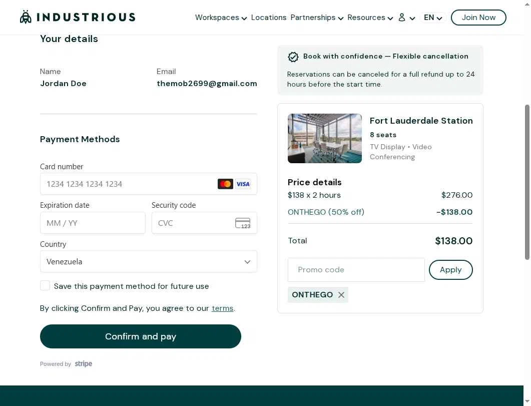 Industrious Office checkout page showing Industrious Office promo code box | Screenshot taken by SimplyCodes community member on Sep 4, 2025
