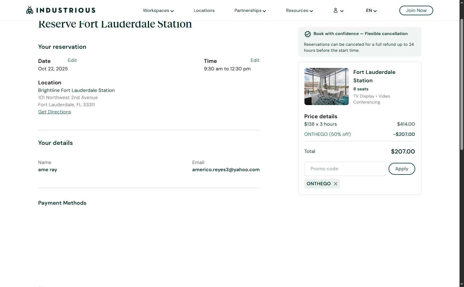 Industrious Office checkout page showing Industrious Office promo code box | Screenshot taken by SimplyCodes community member on Oct 3, 2025