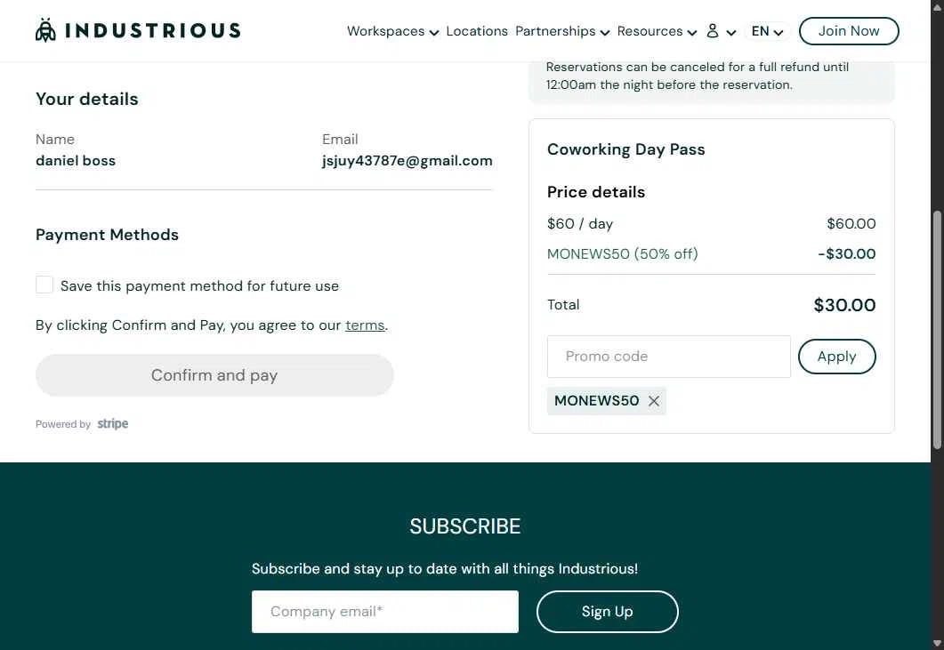 Industrious Office checkout page showing Industrious Office promo code box | Screenshot taken by SimplyCodes community member on Sep 4, 2025