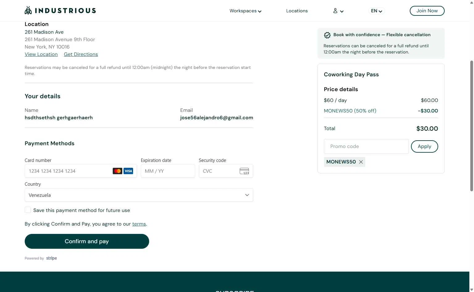 Industrious Office checkout page showing Industrious Office promo code box | Screenshot taken by SimplyCodes community member on Jan 27, 2026