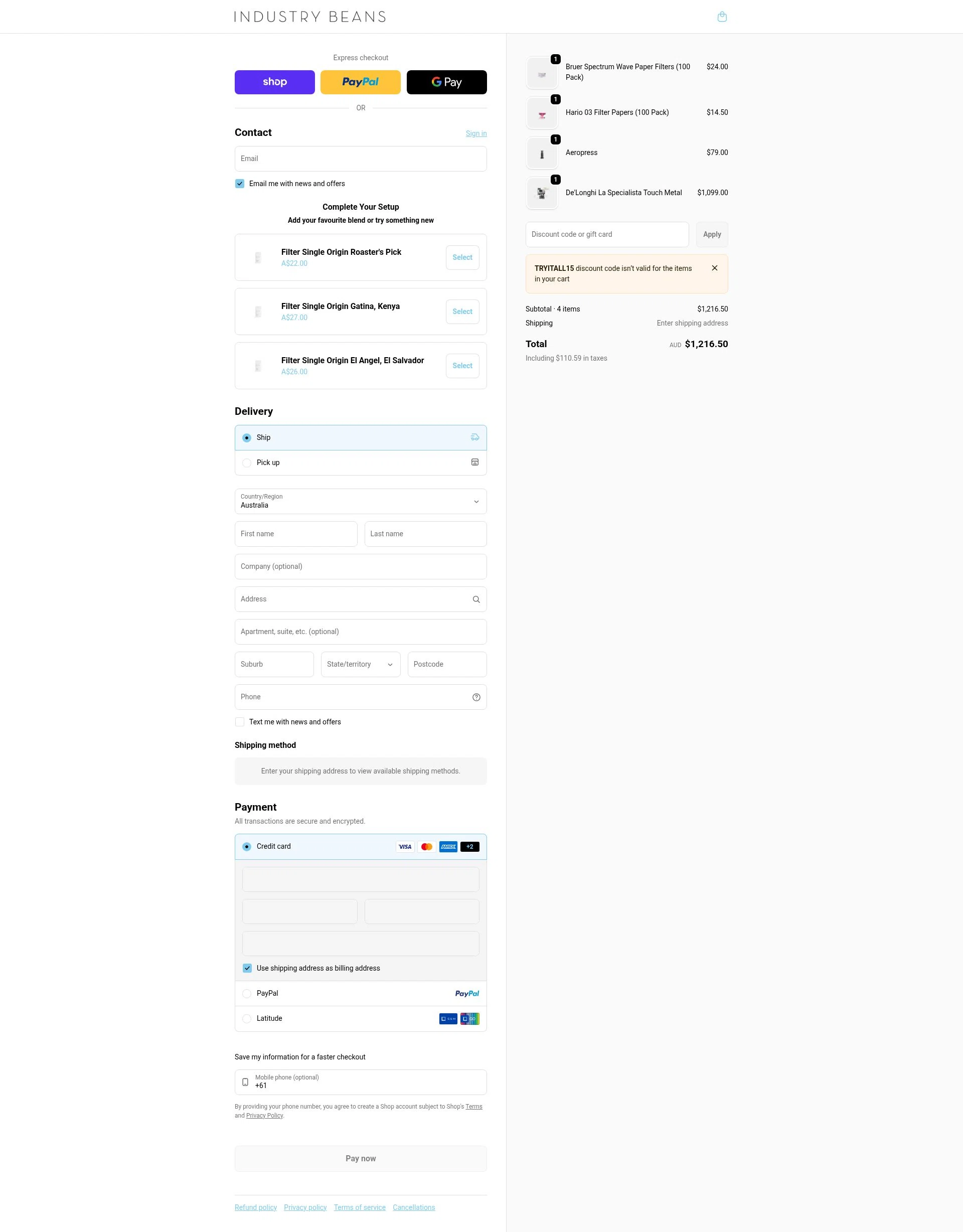 Industry Beans checkout page showing Industry Beans discount code box | Screenshot taken by SimplyCodes community member on Feb 5, 2026