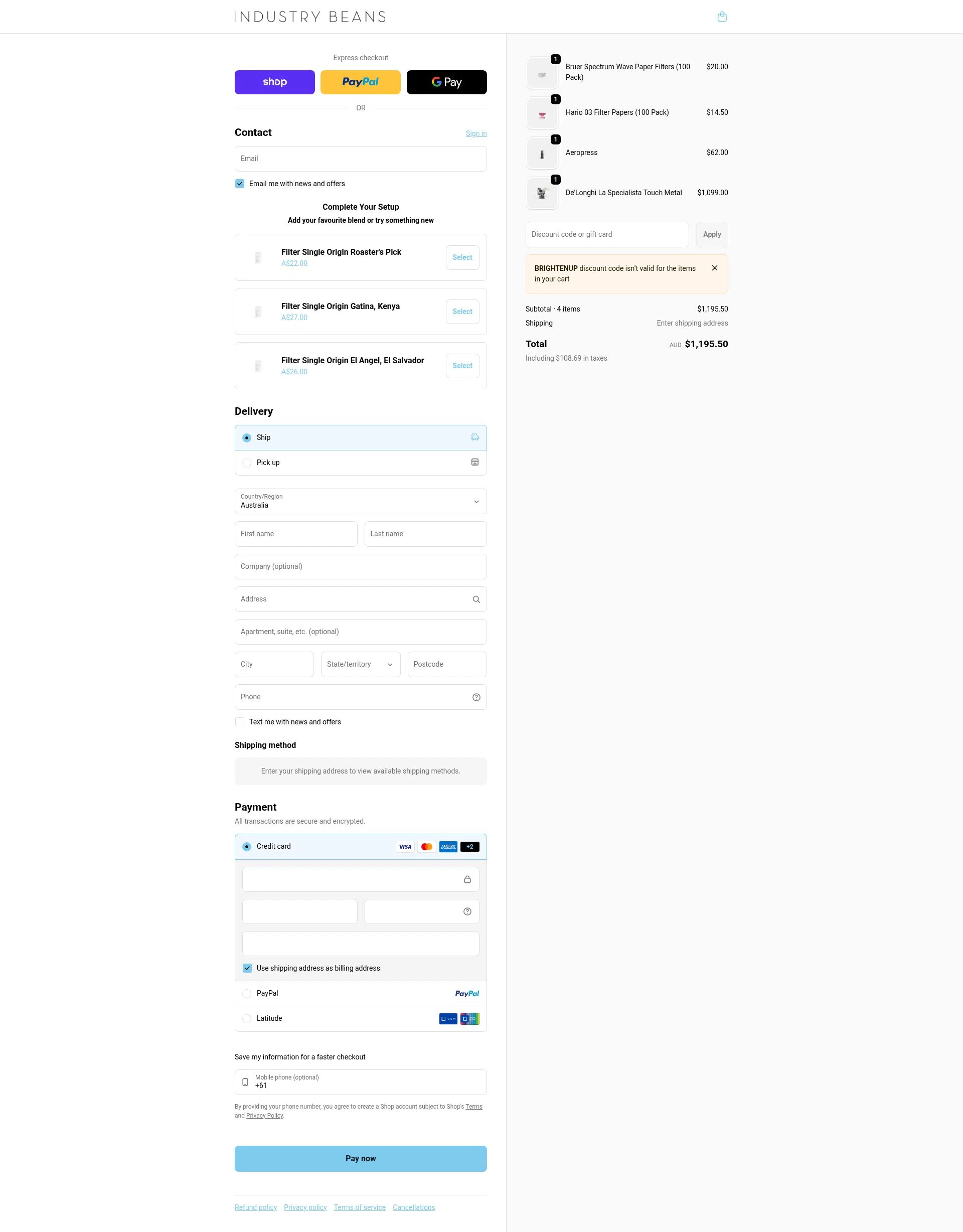 Industry Beans checkout page showing Industry Beans discount code box | Screenshot taken by SimplyCodes community member on Feb 1, 2026