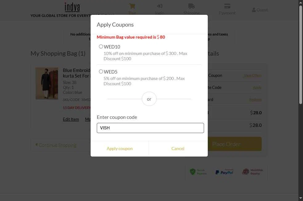 Indya checkout page showing Indya coupon code box | Screenshot taken by SimplyCodes community member on Jan 31, 2026