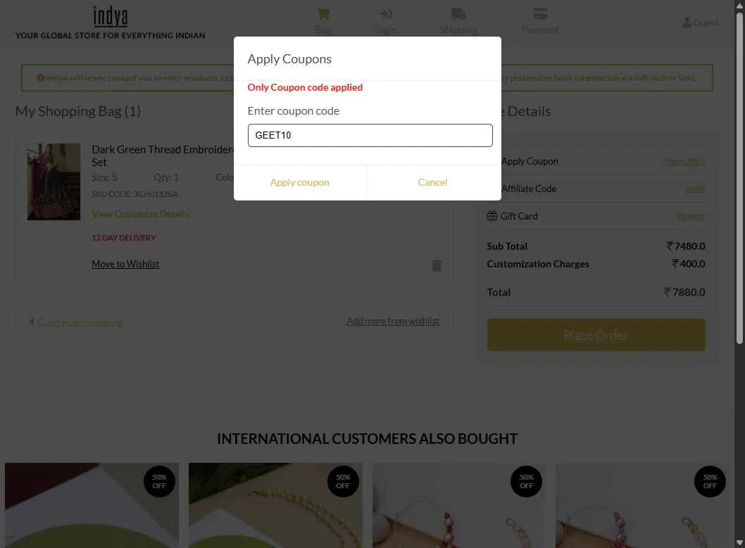 Indya checkout page showing Indya coupon code box | Screenshot taken by SimplyCodes community member on Feb 11, 2026