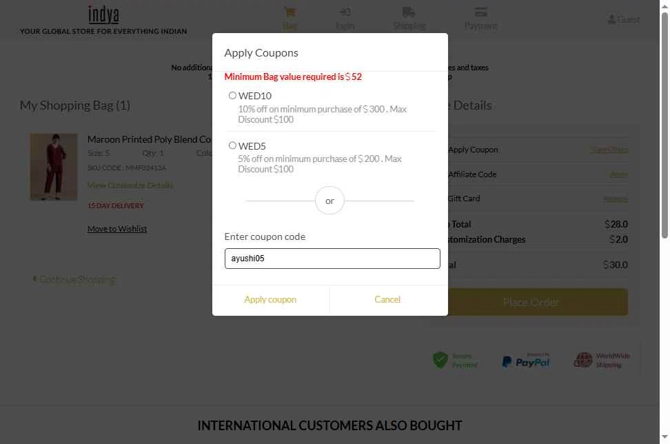 Indya checkout page showing Indya coupon code box | Screenshot taken by SimplyCodes community member on Feb 9, 2026