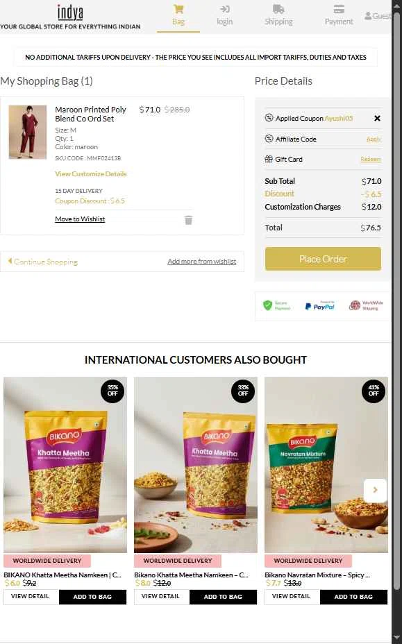 Indya checkout page showing Indya coupon code box | Screenshot taken by SimplyCodes community member on Jan 11, 2026