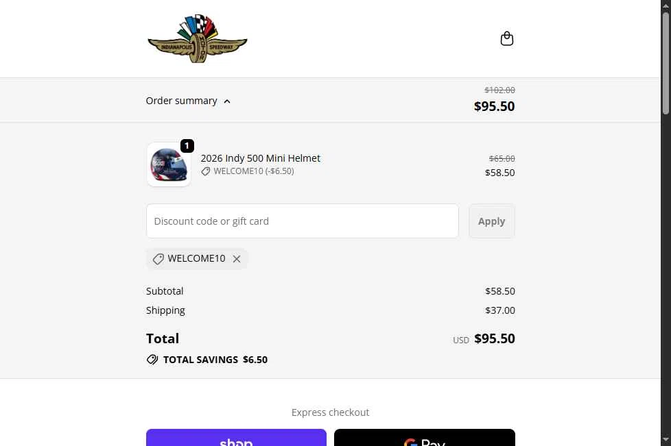Indianapolis Motor Speedway checkout page showing Indianapolis Motor Speedway promo code box | Screenshot taken by SimplyCodes community member on Jan 4, 2026