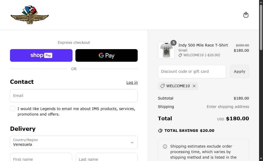 Indianapolis Motor Speedway checkout page showing Indianapolis Motor Speedway promo code box | Screenshot taken by SimplyCodes community member on May 1, 2025