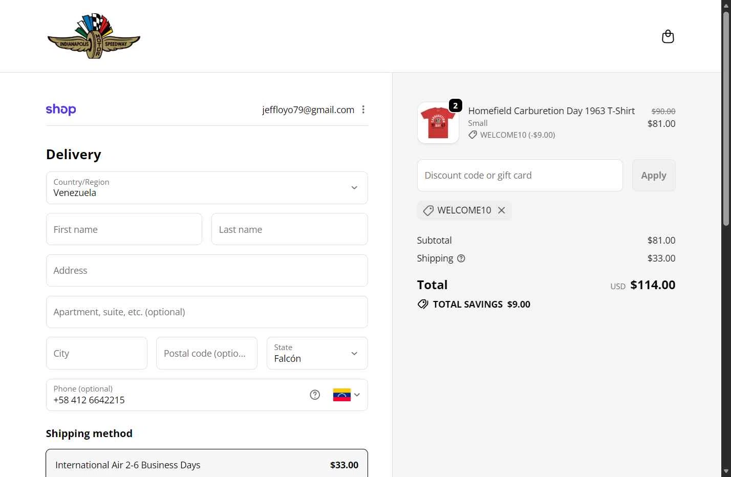 Indianapolis Motor Speedway checkout page showing Indianapolis Motor Speedway promo code box | Screenshot taken by SimplyCodes community member on Feb 2, 2026