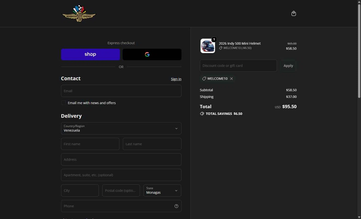 Indianapolis Motor Speedway checkout page showing Indianapolis Motor Speedway promo code box | Screenshot taken by SimplyCodes community member on Dec 27, 2025