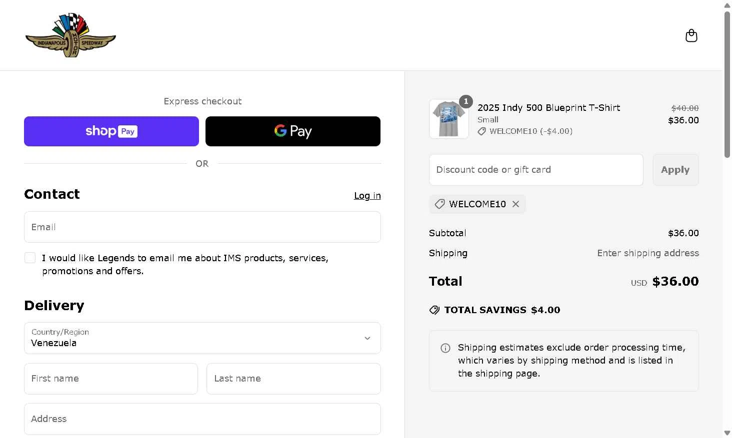 Indianapolis Motor Speedway checkout page showing Indianapolis Motor Speedway promo code box | Screenshot taken by SimplyCodes community member on May 14, 2025