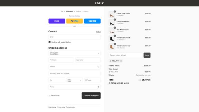 Inez checkout page showing Inez discount code box | Screenshot taken by SimplyCodes community member on Sep 12, 2025