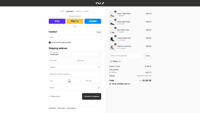 Inez checkout page showing Inez discount code box | Screenshot taken by SimplyCodes community member on Sep 12, 2025