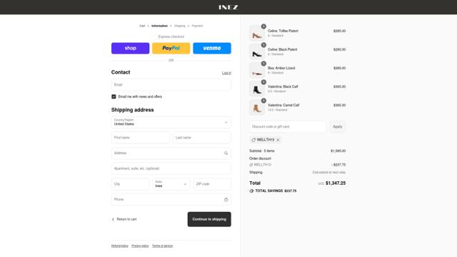 Inez checkout page showing Inez discount code box | Screenshot taken by SimplyCodes community member on Sep 8, 2025