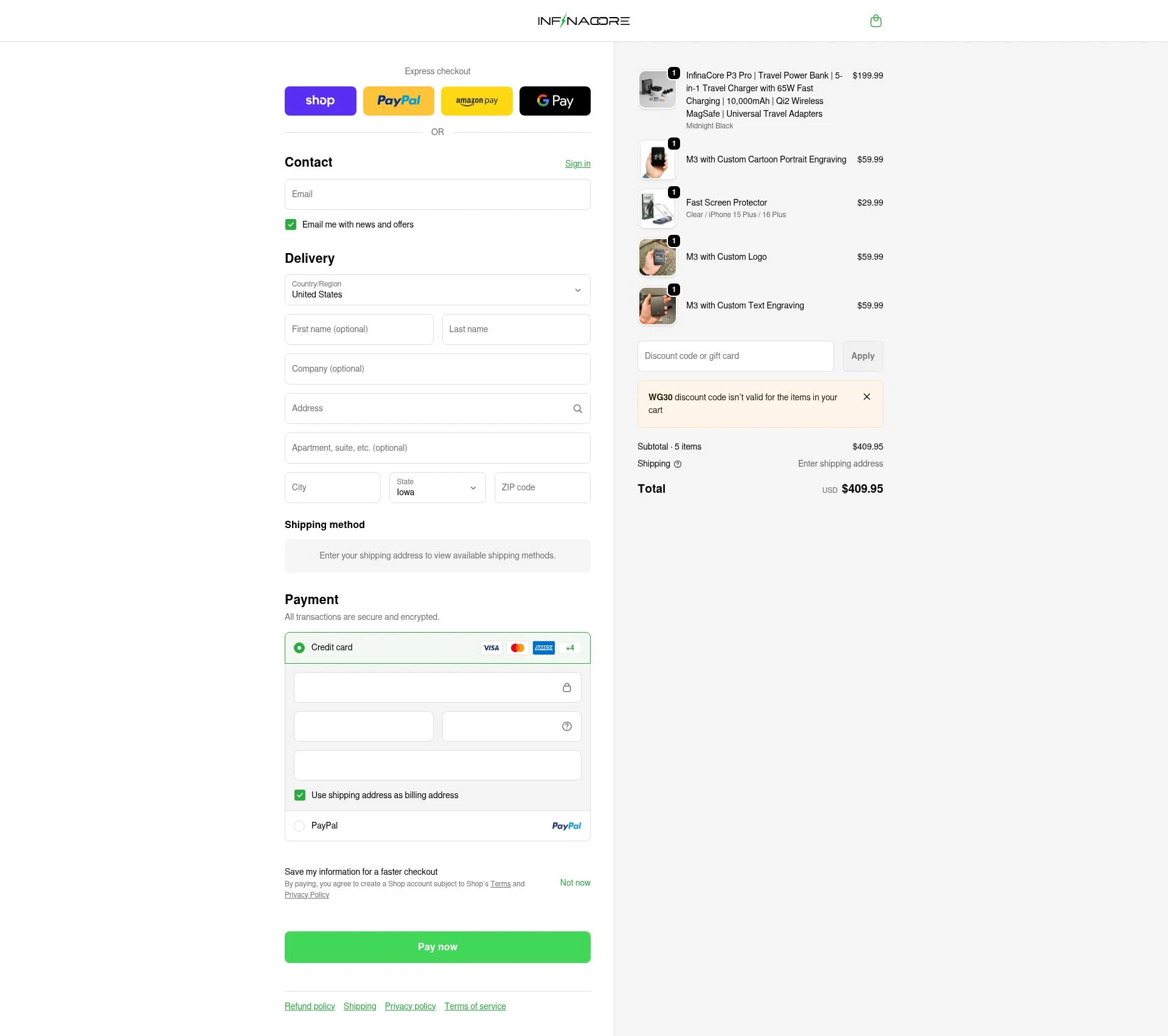 InfinaCore checkout page showing InfinaCore promo code box | Screenshot taken by SimplyCodes community member on Feb 14, 2026
