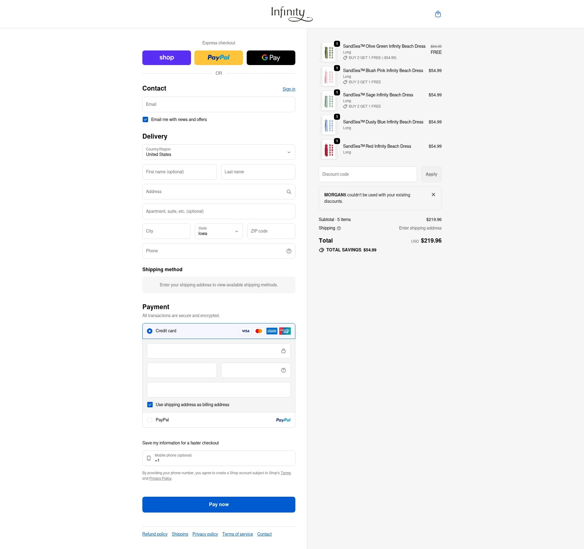 InfinityDress checkout page showing InfinityDress promo code box | Screenshot taken by SimplyCodes community member on Feb 10, 2026