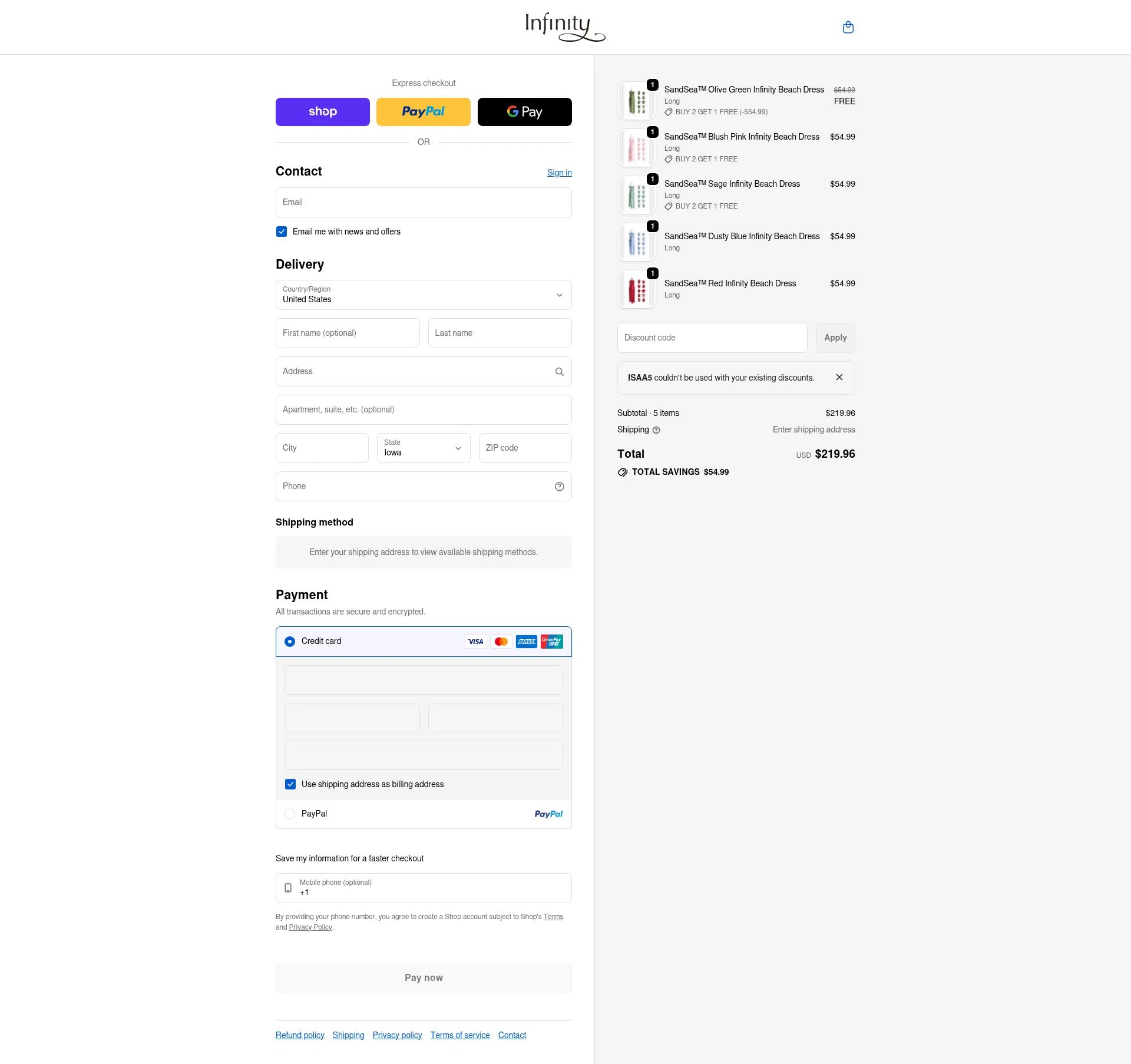 InfinityDress checkout page showing InfinityDress promo code box | Screenshot taken by SimplyCodes community member on Feb 10, 2026