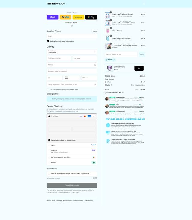 Infinity Hoop checkout page showing Infinity Hoop discount code box | Screenshot taken by SimplyCodes community member on Sep 11, 2025