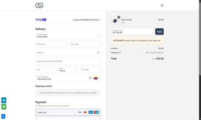 Infinity Pillow checkout page showing Infinity Pillow discount code box | Screenshot taken by SimplyCodes community member on Aug 10, 2025