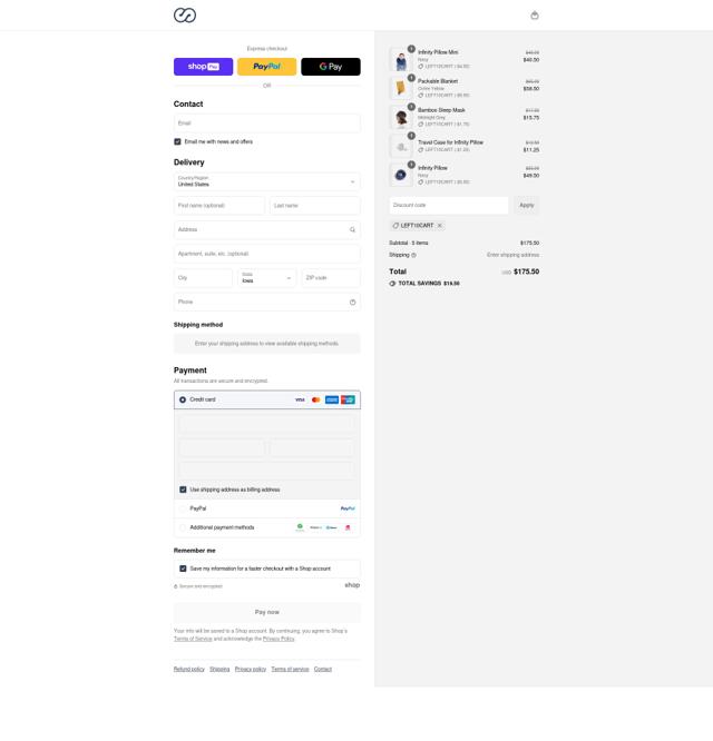 Infinity Pillow checkout page showing Infinity Pillow discount code box | Screenshot taken by SimplyCodes community member on Aug 18, 2025