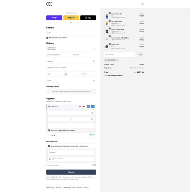 Infinity Pillow checkout page showing Infinity Pillow discount code box | Screenshot taken by SimplyCodes community member on Sep 13, 2025
