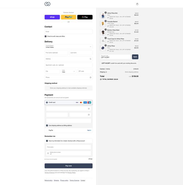 Infinity Pillow checkout page showing Infinity Pillow discount code box | Screenshot taken by SimplyCodes community member on Aug 31, 2025