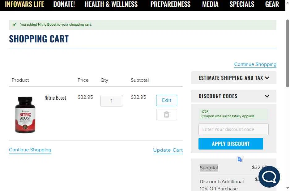 Infowars Store checkout page showing Infowars Store promo code box | Screenshot taken by SimplyCodes community member on Jan 21, 2026