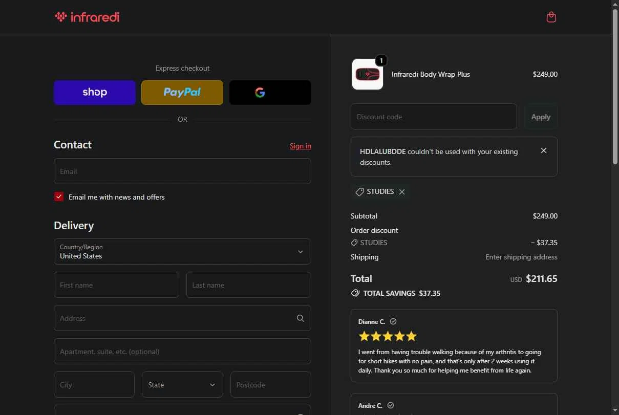 Infraredi checkout page showing Infraredi discount code box | Screenshot taken by SimplyCodes community member on Jan 26, 2026