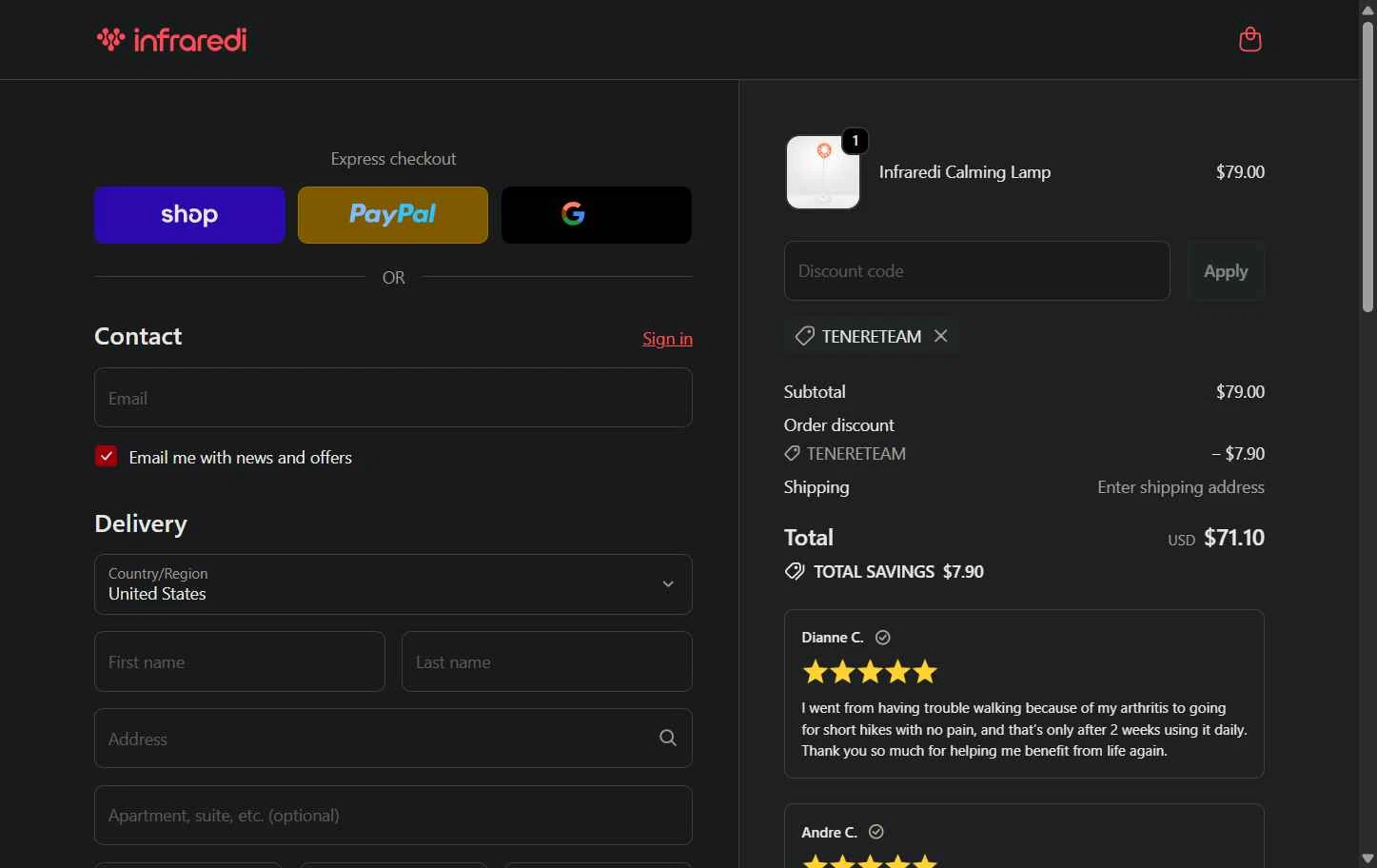 Infraredi checkout page showing Infraredi discount code box | Screenshot taken by SimplyCodes community member on Jan 26, 2026
