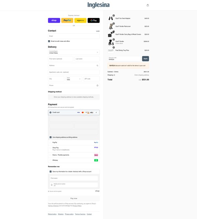 Inglesina checkout page showing Inglesina discount code box | Screenshot taken by SimplyCodes community member on Sep 4, 2025