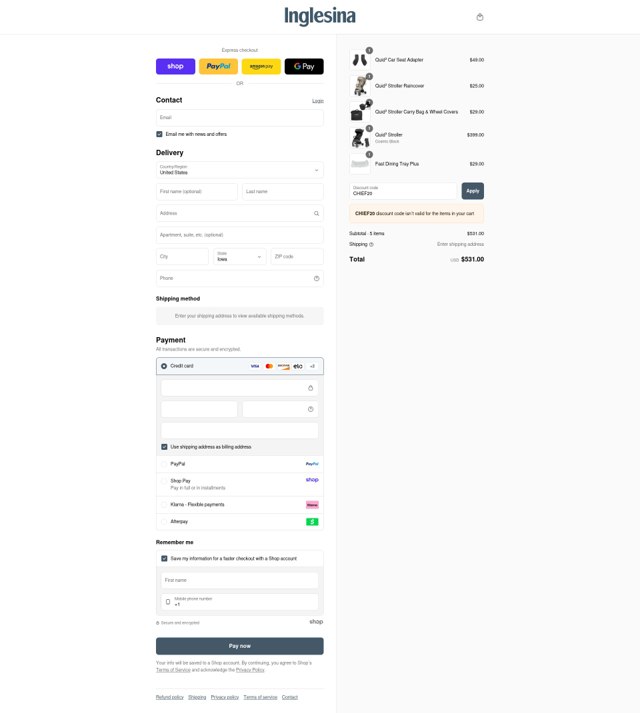 Inglesina checkout page showing Inglesina discount code box | Screenshot taken by SimplyCodes community member on Sep 4, 2025