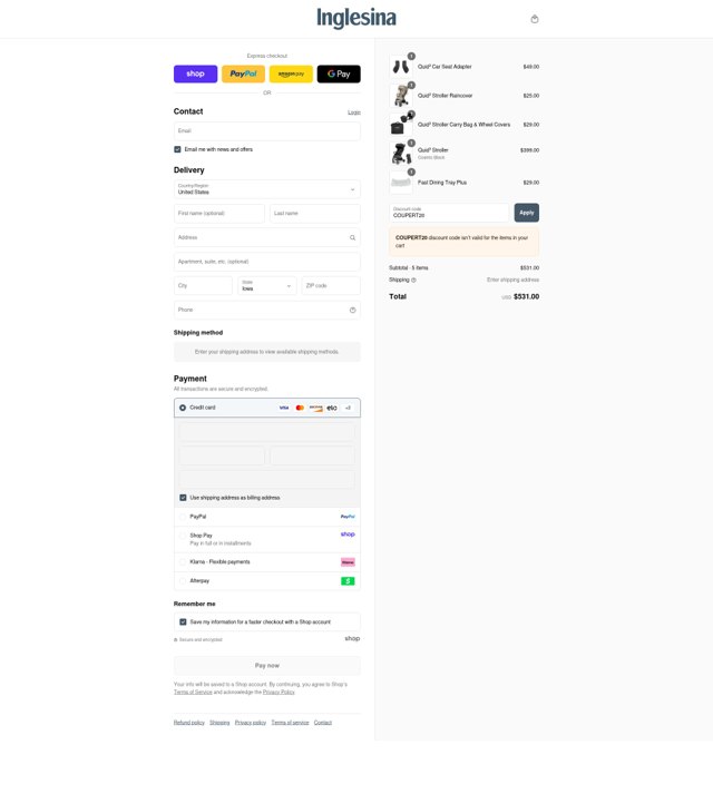 Inglesina checkout page showing Inglesina discount code box | Screenshot taken by SimplyCodes community member on Sep 4, 2025
