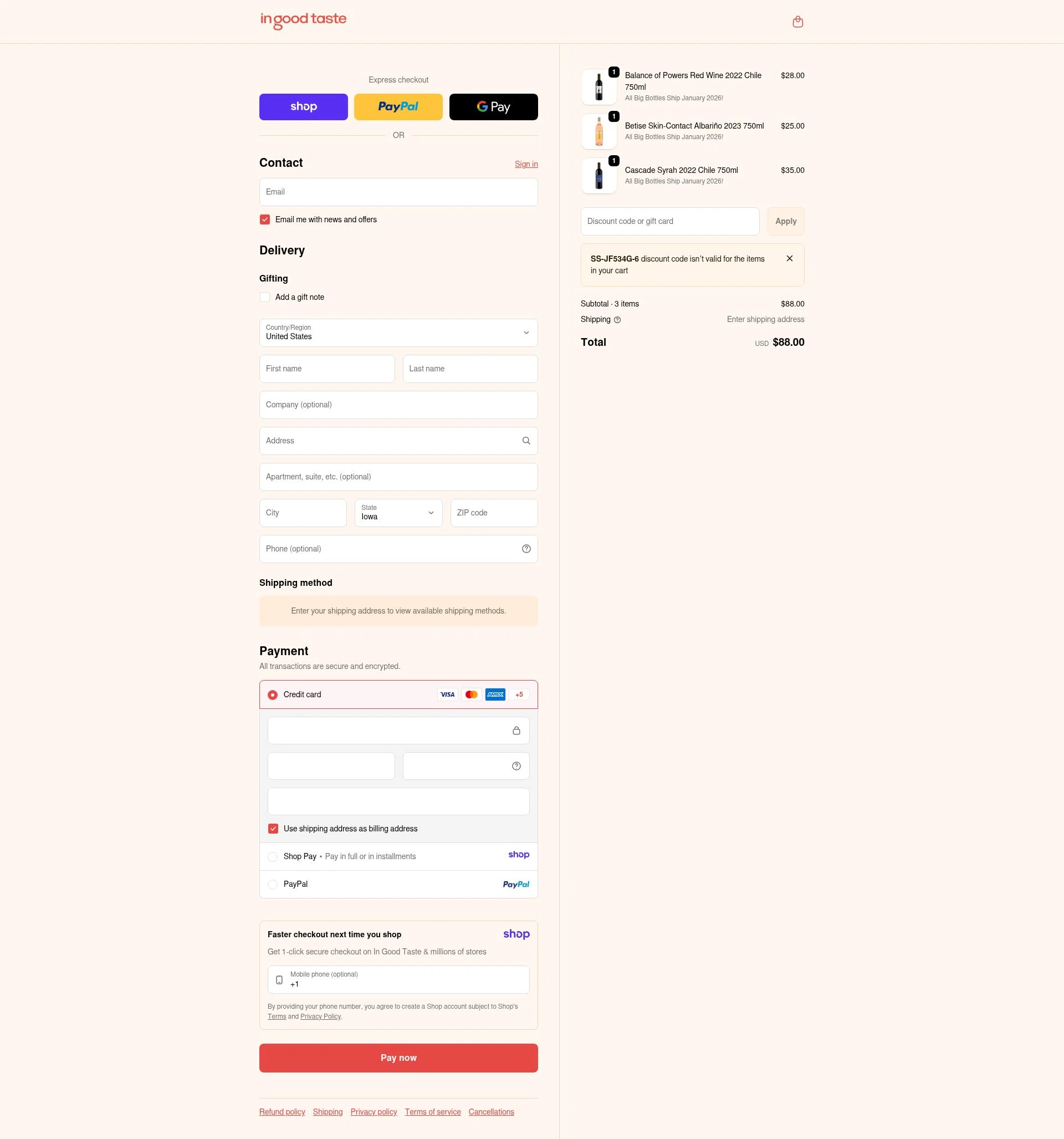 In Good Taste checkout page showing In Good Taste discount code box | Screenshot taken by SimplyCodes community member on Jan 8, 2026
